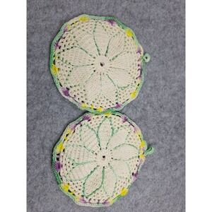 Vintage Pair Of Hand Crocheted Yellow Green White Floral Doily 6" W/ Loop Hanger